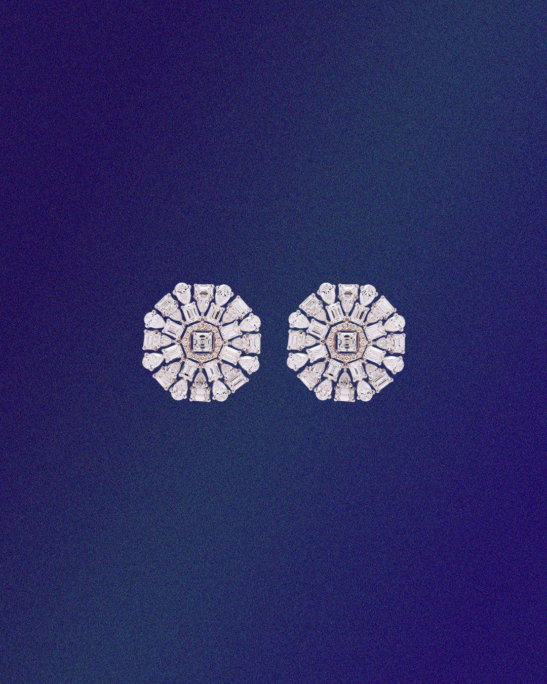 Archana Agarwal natural diamond floral earrings in white gold.