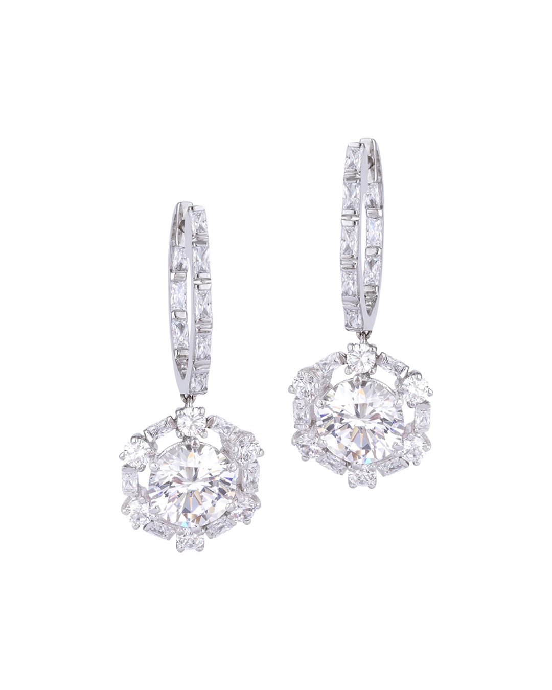 Hexagon halo dangle diamond earrings