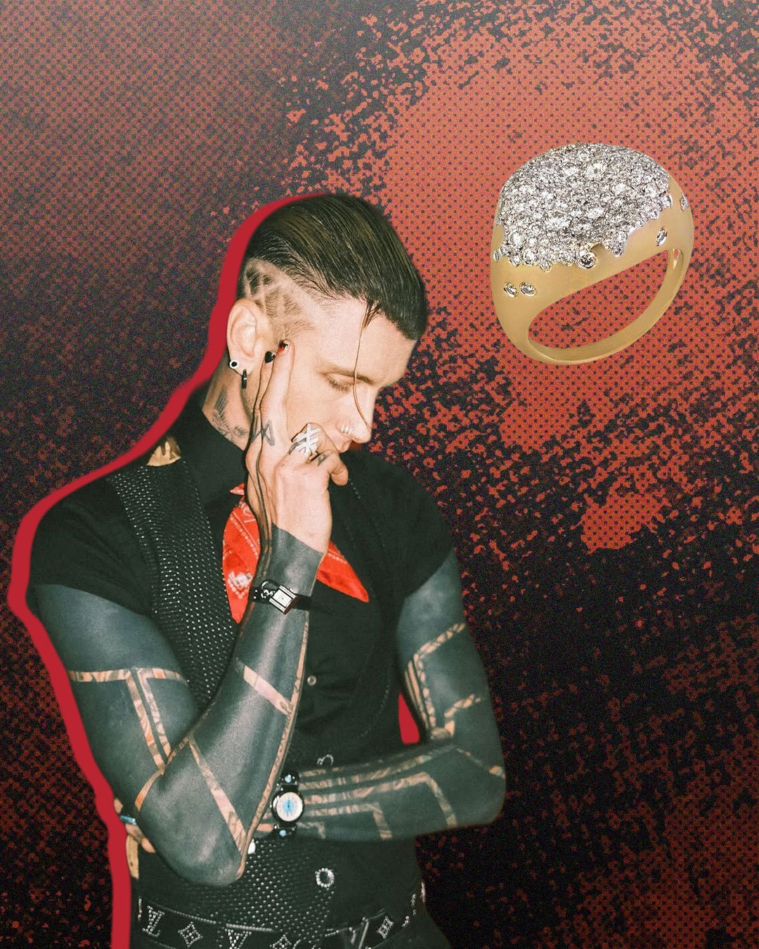Machine Gun Kelly showcasing a natural diamond ring.