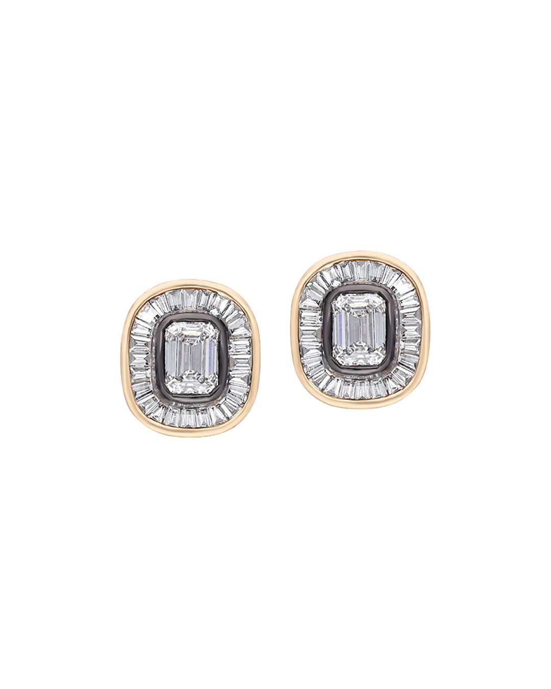 Two-tone emerald-cut halo diamond earrings