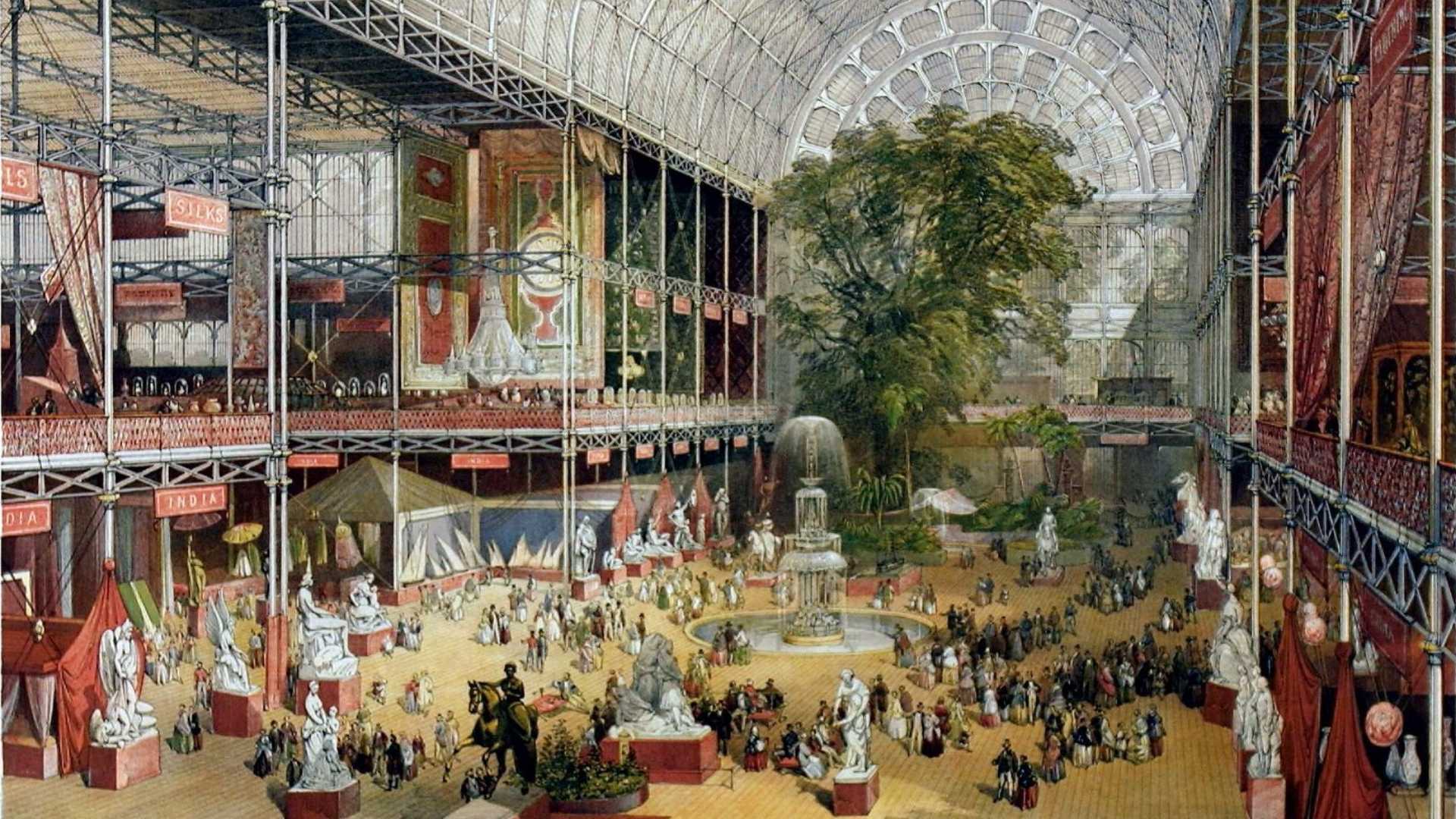 Watercolour painting of the interior of the Crystal Palace at Hyde Park, World's Fair 1851