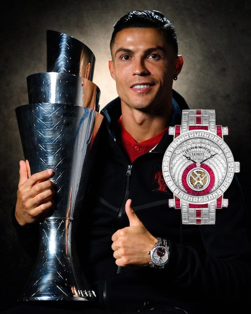 Cristiano Ronaldo of Portugal wears his Franck Muller Invisible Setting Imperial Tourbillon Watch while holding the UEFA Nations League Trophy following his team's victory in the UEFA Nations League Final on June 09, 2019. (Getty Images)