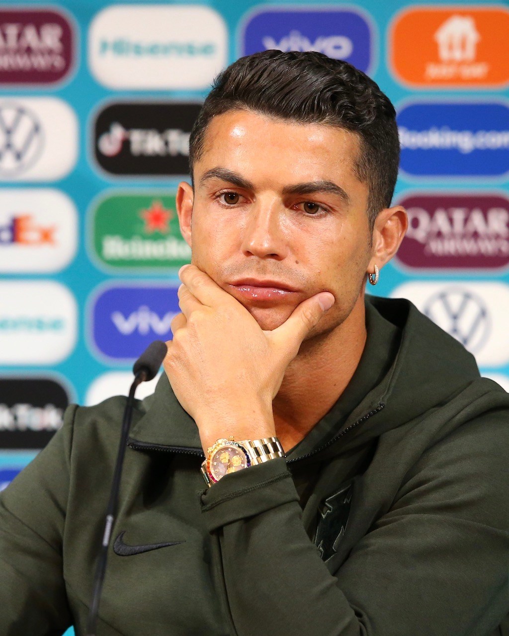 Cristiano Ronaldo of Portugal speaks to the media during the Portugal Press Conference ahead of the Euro 2020 Group F match on June 14, 2021