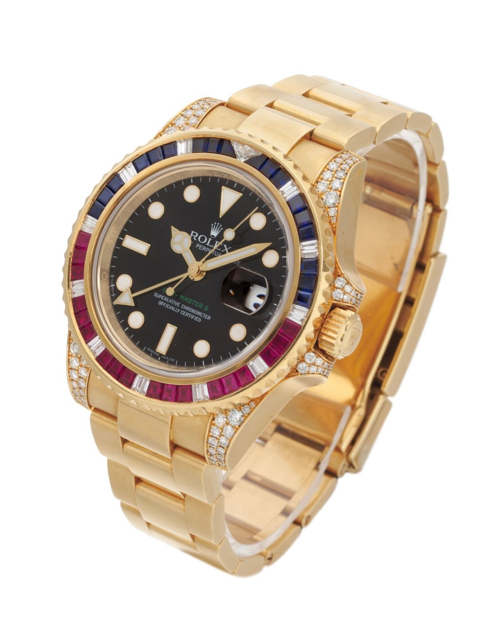Rolex GMT-Master II, ref. 116758SARU Yellow gold, diamond, sapphire and ruby-set dual time zone wristwatch with date and bracelet, circa 2007. (Courtesy of Sotheby's)