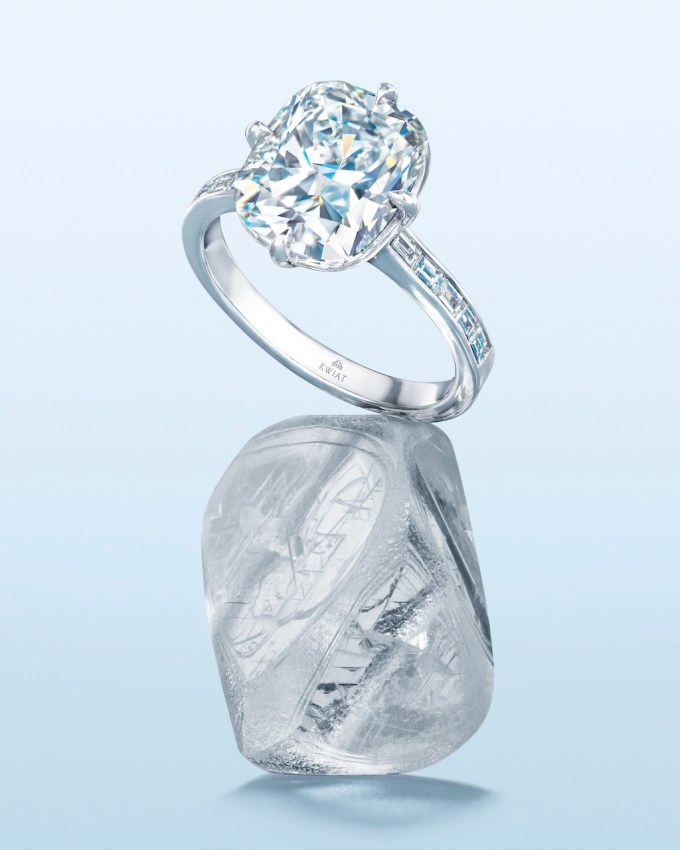 A rough diamond and its polished counterpart, traceable through Kwiat’s Mine to Shine program