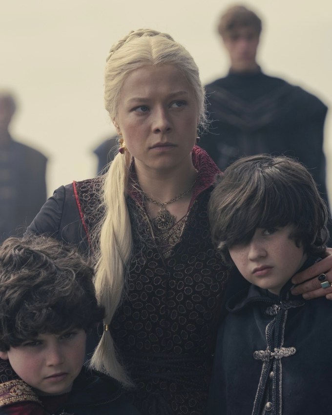 Harvey Sadler as Lucerys Velaryon, Emma D'Arcy as Rhaenyra Targaryen, and Leo Hart as Jacaerys Velaryon in Season  1 of House of the Dragon. 