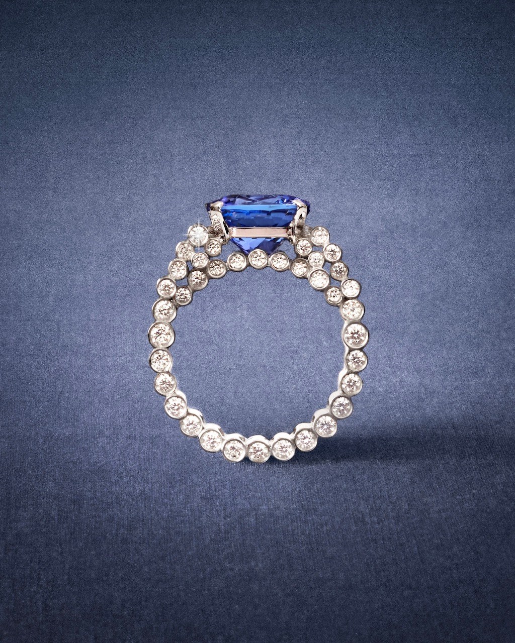 Viltier Edge Pyramid Ring, crowned by a 6.15-carat tanzanite, 214 bezel-set diamonds for 3.60 carats. (Courtesy of Viltier)