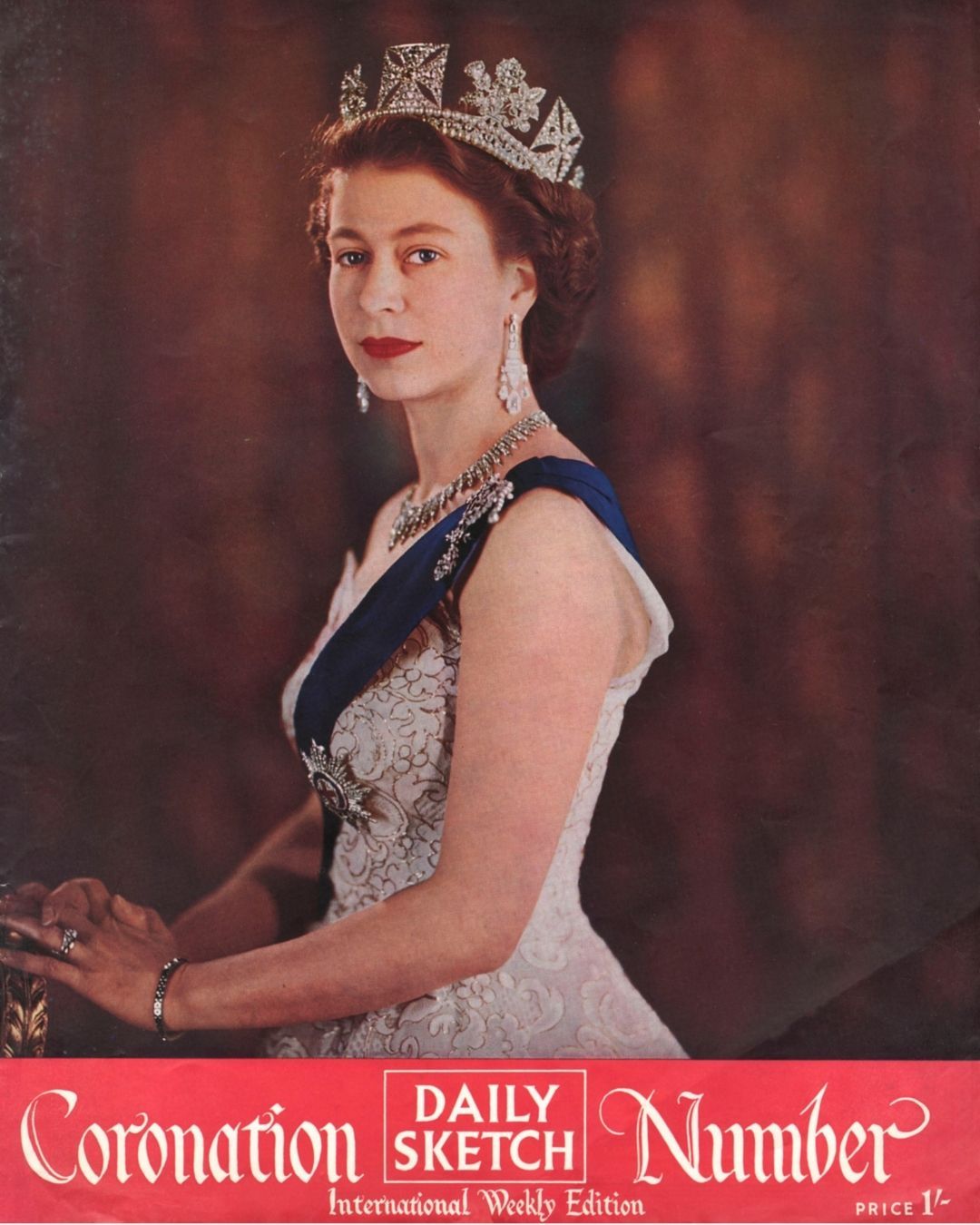 Front cover of The Daily Sketch Coronation Number featuring a portrait of the then new monarch, Queen Elizabeth II wearing the Diamond Diadem