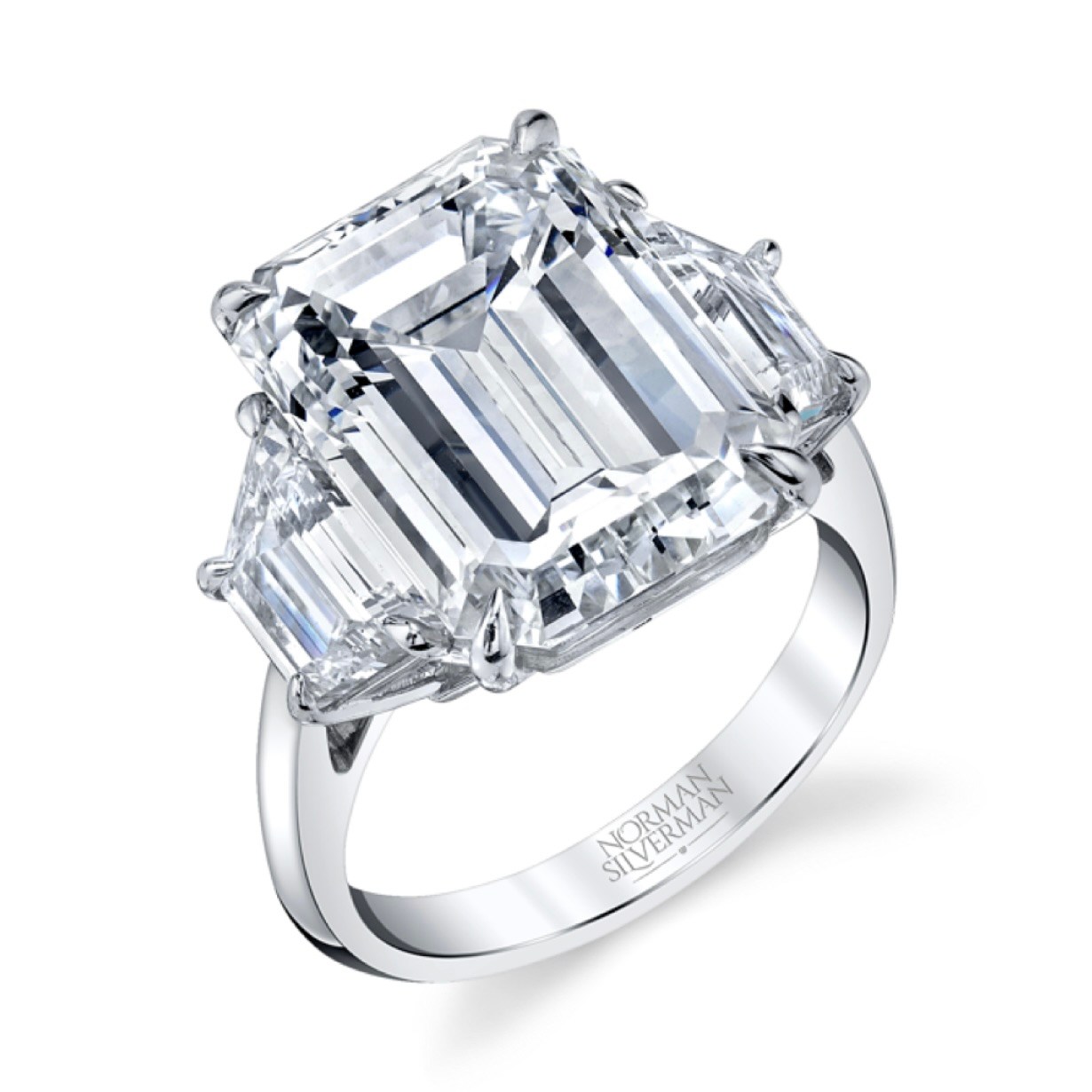 Trapezoid Diamond Cut Norman Silverman Emerald and Trapezoid Three-Stone Ring