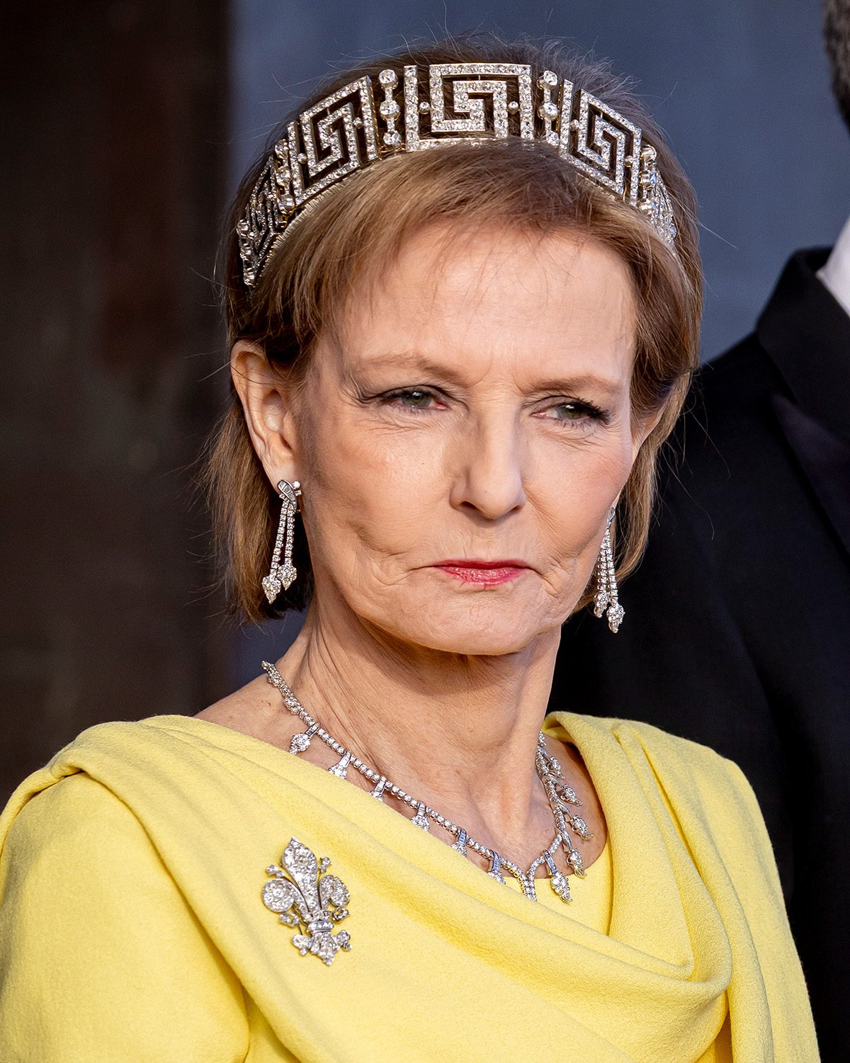 Custodian of the Romanian Crown Margareta and Prince Radu of Romania during the 80th Birthday celebrations of King Carl XVI Gustaf of Sweden wearing the Romanian Greek Key Tiara from the Greek Royal Jewelry