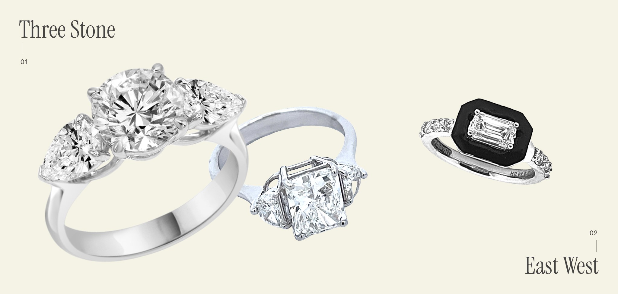 Three-stone and East-West natural diamond ring designs.