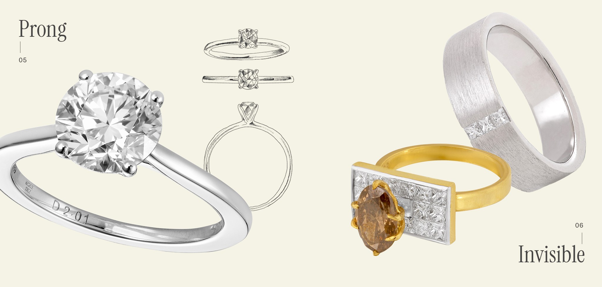 Prong and invisible-set natural diamond ring designs.