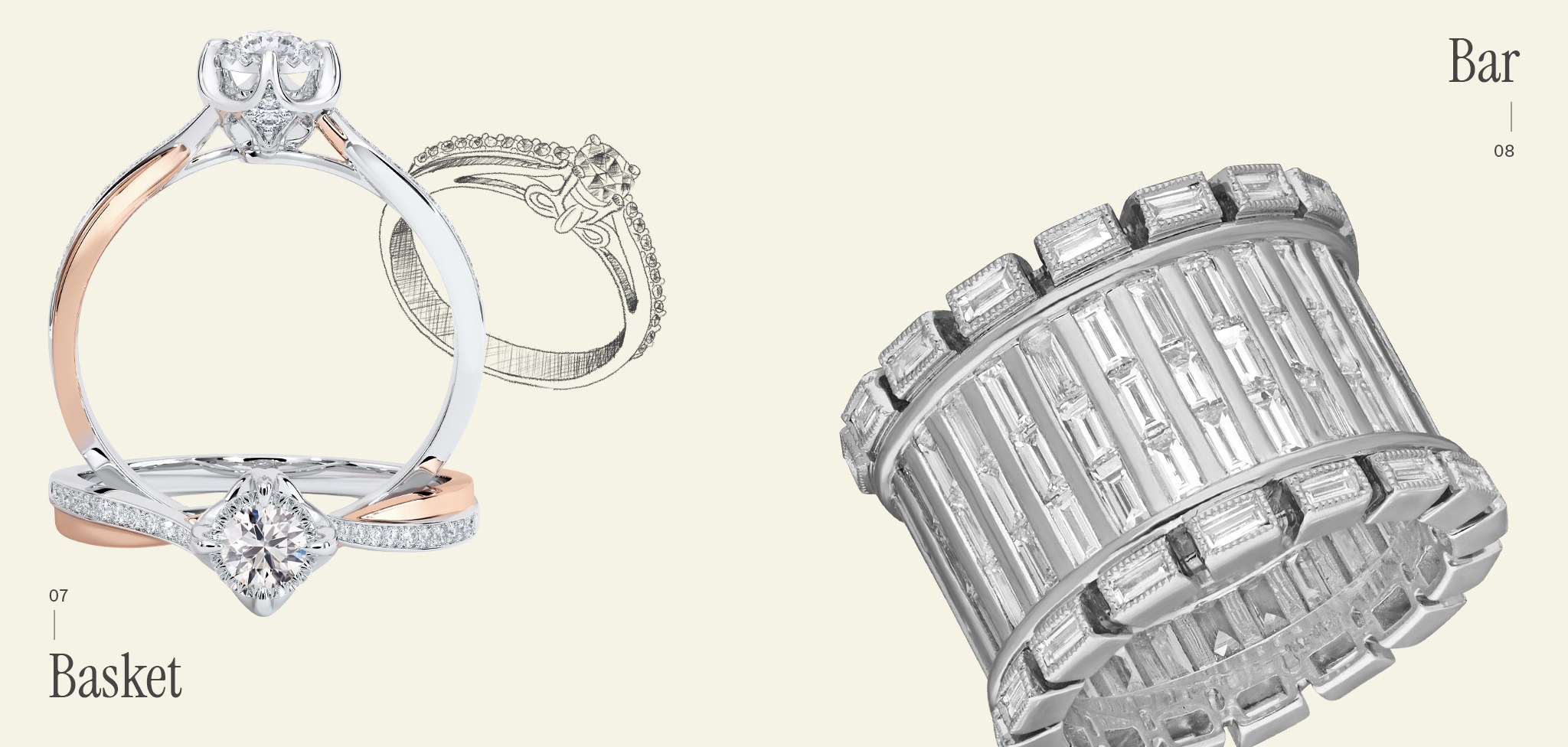 Basket and bar-set natural diamond ring designs.