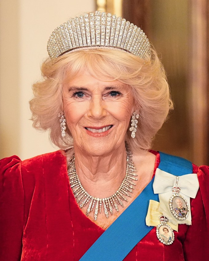 Queen Camilla wears the Kokoshnik Tiara ahead of a state banquet at Buckingham Palace during day one of The Amir of the State of Qatar's visit to the United Kingdom on December 3, 2024 in London, England.