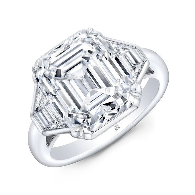 Rahaminov Platinum 5-Carat Emerald Cut Three-Stone Bezel Set Engagement Ring Trapezoid Diamond
