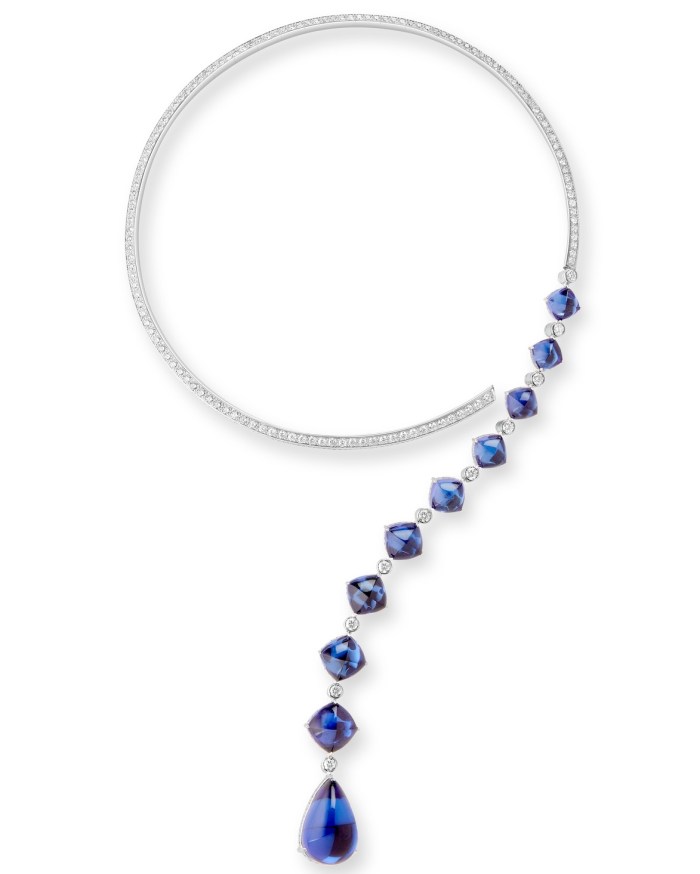 Boucheron Goutte White Gold and Diamond Question Mark Necklace on display at the “Boucheron: In Focus, A Monograph of a Visionary" Exhibition in collaboration with Christie’s New York (Courtesy of Boucheron)