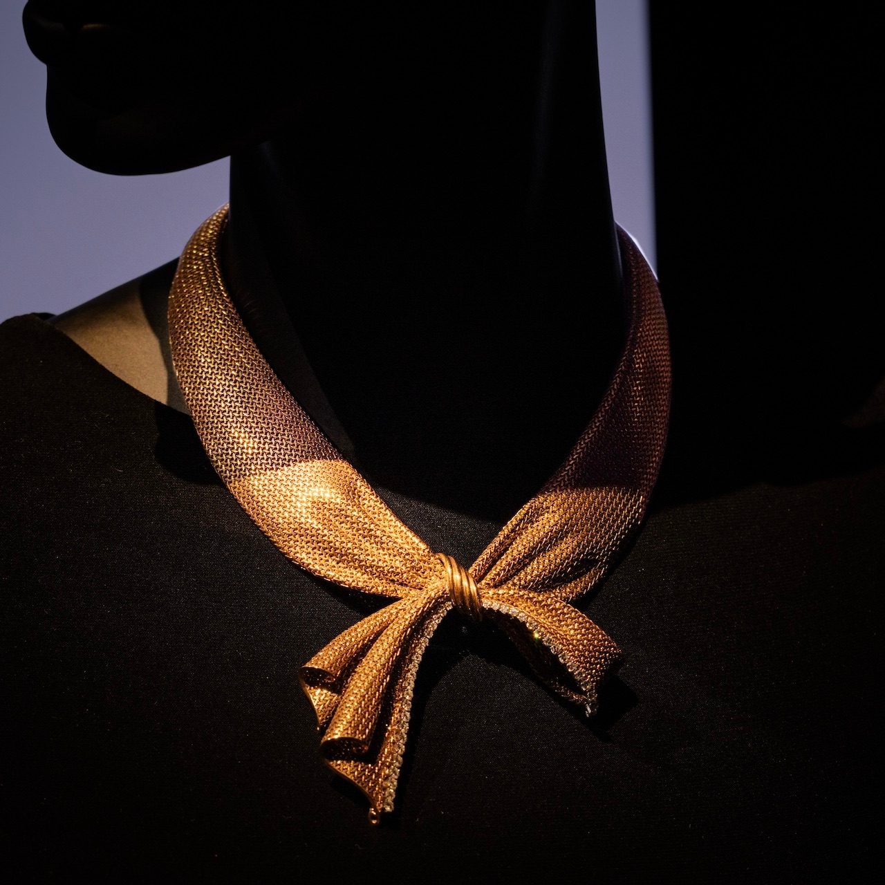 Boucheron Yellow Gold, Platinum, and Diamond Ribbon Necklace on display at the “Boucheron: In Focus, A Monograph of a Visionary" Exhibition in collaboration with Christie’s New York (Courtesy of Boucheron)