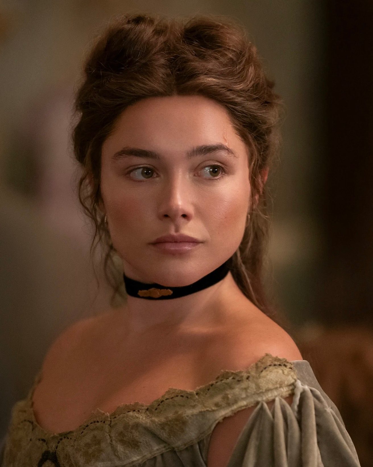 black velvet ribbon choker Florence Pugh as Cathy Ames in East of Eden, 2026.