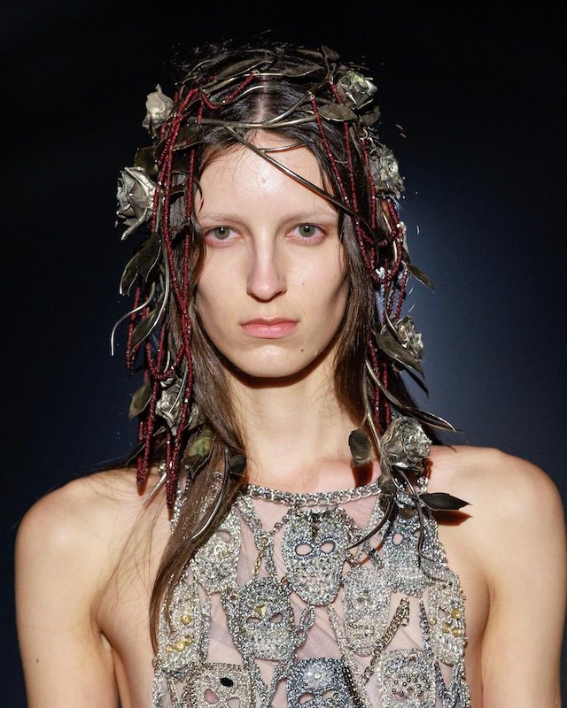 Archival Shaun Leane designs on the McQueen SS27 runway during London Fashion Week.